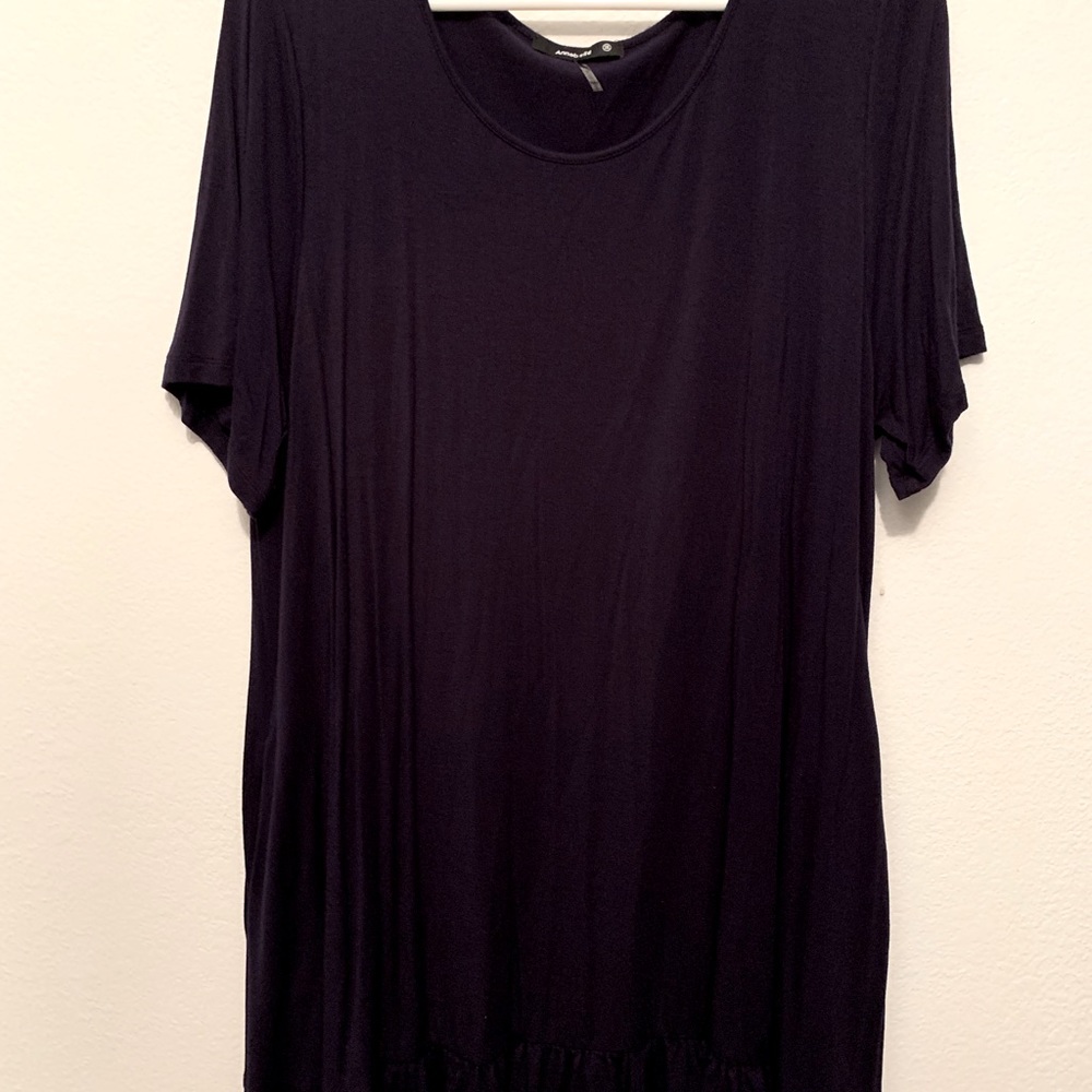 Navy blue cotton shift dress, ruffle hem, pockets